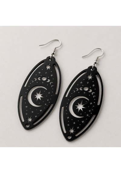 Siyah Akrilik Ay Yıldız Küpe - Astroloji Tasarımlı Ultra Hafif Mistik Kadın Küpesi