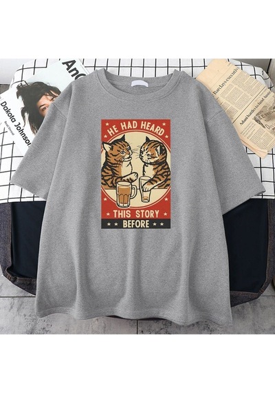 Flood Of Style Erkek Gri He Had Heard Baskılı Oversize Bisiklet Yaka Tshirt