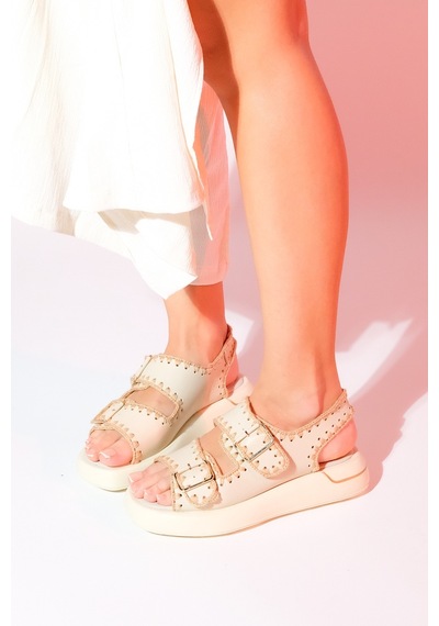 Luvishoes Douro Bej Cilt Hakiki Deri İp Örme Detaylı Kadın Sandalet Bej