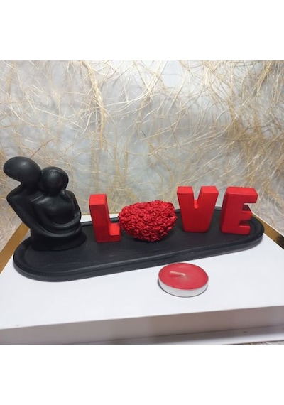 Love Yazılı Kalp Figürlü Sarılan Sevgili Biblo Set Siyah-kırmızı Siyah