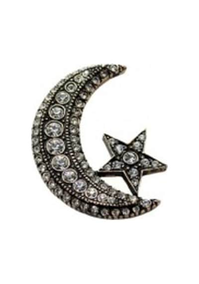 Aşina Gümüş  Ayyıldız Broş Taşlı Elmas Montür Yaka Iğnesi Broş