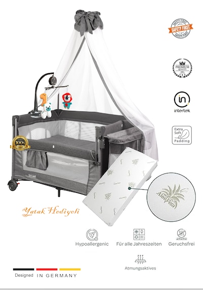 Holmer Yatak Hediyeli Oyun Parkı/ Anne Yanı/park Yatak Cibinlikli Dönenceli 70x110cm Koyu Gri