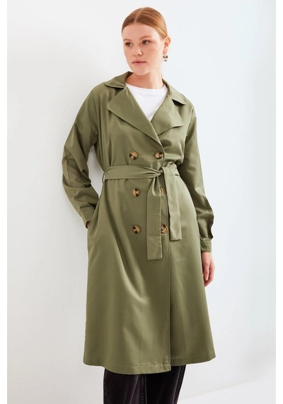 Defymoda 5853 Kruvaze Yaka Trençkot - Haki Haki