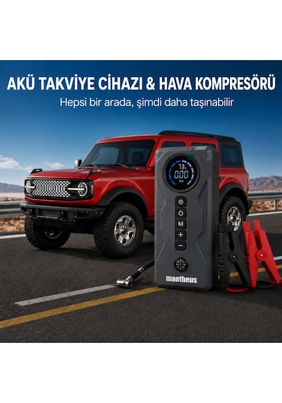 4-in-1 16000mah Akü Takviye Cihazı 150 Psı Kompresör Powerbank Lcd Ekran Led Fener Eva Çanta 2000a Tepe Akım