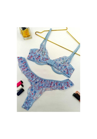 La Linaa Jasmin Mavi Çiçek Desenli Tanga Külotlu Sütyen Takım Mavi - 689426661 Mavi