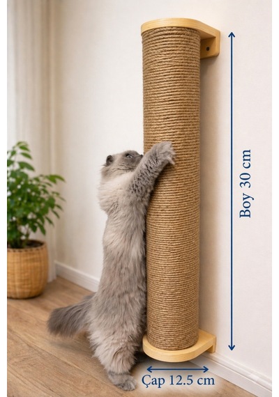 Kedi Tırmalama Direği Duvar Tipi 30 Cm 12,5 Dev Çap Jüt İp Kaplı Dayanıklı Ahşap Tırmalama Tahtası