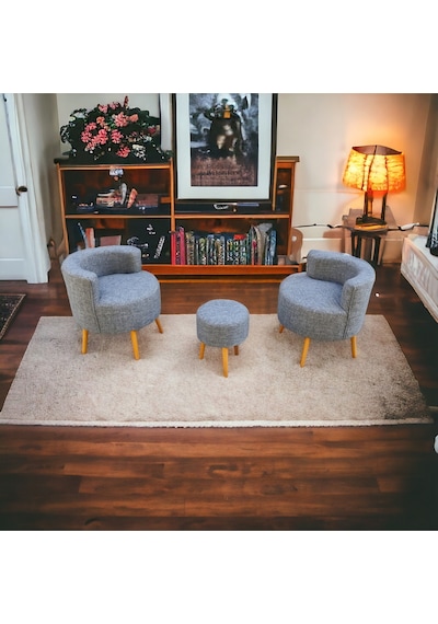 Çay Seti İkili Koltuk Berjer Ve Puf Takımı Salon, Balkon, Ofis 3 Lü Takım Kapalı Gri Keten