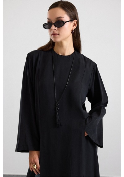 Olcay Derin Yırtmaçlı Oversize Uzun Tunik Siyah 9838