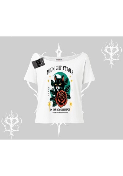 Tarzsokak Midnight Petals Kedi Baskılı Kayık Yaka Tshirt Beyaz