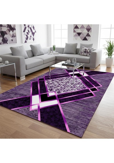 Siyah Lila Modern Geometrik Desenli Dijital Baskılı Halı Kaymaz Tabanlı, Üçgen Ve Elmas Formlu Şık mor