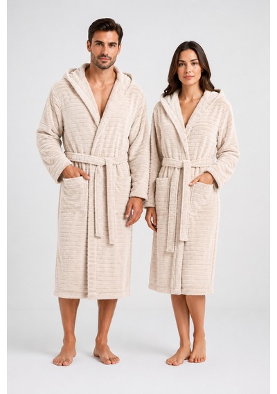 Pamuklu Kapüşonlu Banyo Bornozu Yumuşak Doku Çeyiz Cepli Kemerli Unisex Bej