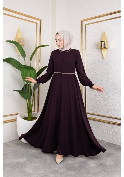 Nevayla Moda Yaka Ve Bel Nakış Detaylı Ferace - Mürdüm / F0143 Mürdüm