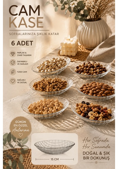 Porsima Vivaldi 4474 6'lı Oval Cam Kase Seti 15 Cm Baklava Desenli Çerezlik, Reçellik Ve Kahvaltılık