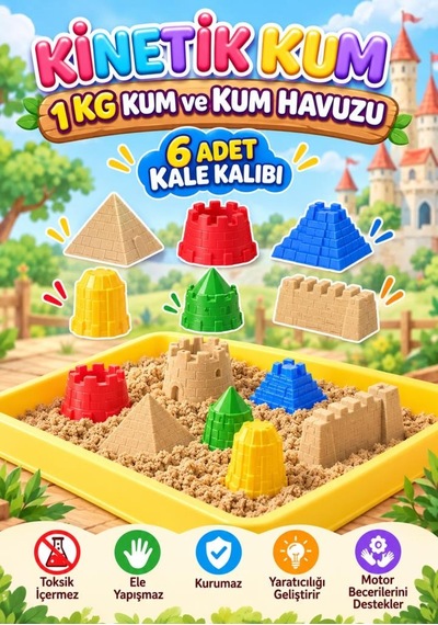 Kale Temalı Kinetik Kum 1000 Gr 6 Adet 3d Kalıplı Ve Kum Havuzlu Yapışmaz Kurumaz Oyuncak Kum Seti