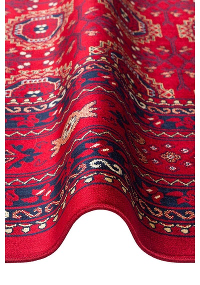 Afgan Halısı Bilicik Etnik Kunduz Otantik Desen Viskon Kırmızı Halı Bc01