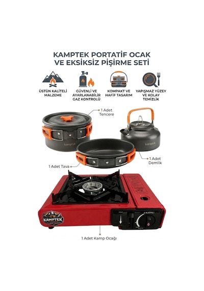 Kamptek Kamp Ocağı Ve Portatif Yemek Pişirme Seti - 4 Parça Kamp Seti Tencere, Tava, Çaydanlık/demlik, Taşınabilir Ocak Kırmızı Kamptek Kamp Ocağı Ve Portatif Yemek Pişirme Seti - 4 Parça Kamp Seti Tencere, Tava, Çaydanlık/demlik, Taşınabilir Ocak Kırmızı