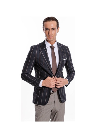 Wessi Çizgili Slim Fit Füme Erkek Ceket Siyah