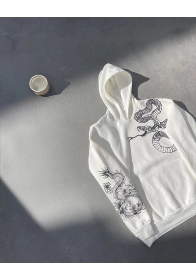 Mbb E-ticaret Kadın Oversize Kapüşonlu Kanguru Cepli Baskılı 3 İplik Pamuklu Sweatshirt Hoodie - Beyaz