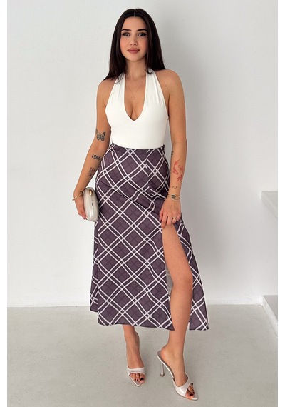 Kadın Yırtmaç Detaylı Ekose Uzun Etek Slit Plaid Mor