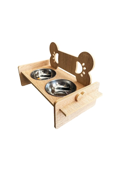 Ahşap Çiftli Kedi Köpek Mama Su Kabı 38 x 20 CM Model 2