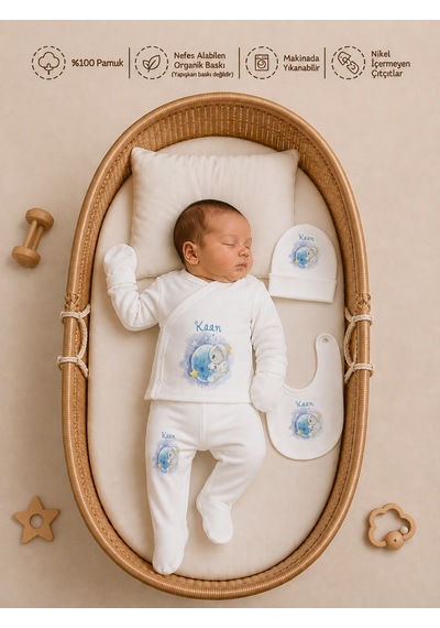 Pia Baby Kişiye Özel %100 Pamuk 5 Parça Erkek Bebek Zıbın Seti 2093z3x Krem