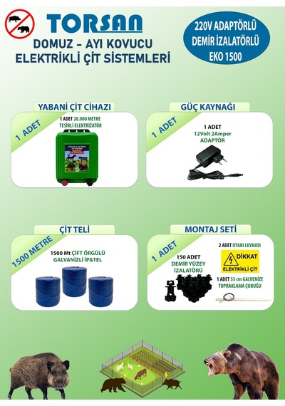 Torsan 220v Adaptörlü Eko Plus 1500 Elektrikli Çit Sistemi Domuz - Ayı Kovucu 1500mt