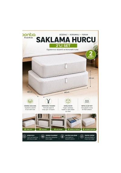 Bontia Saklama Hurcu 2'li Set 60x40x20 Cm Fermuarlı Çok Amaçlı Düzenleyici 2 Adet Açık Gri