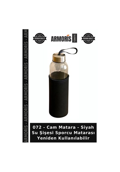 072 - Cam Matara - Siyah Su Şişesi Sporcu Matarası Yeniden Kullanılabilir