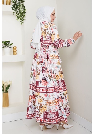 Bestenur Çiçek Desen Bluz Etek İkili Takım 1466 - Bordo Bordo