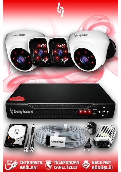 Bayicam 4 Kameralı Panda 2 İç Kamera Set 2 TB HDD Full HD Gece Görüşlü Güvenlik Kamerası Sistemi