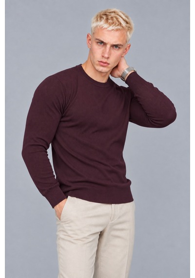 Hk Premium Erkek Fitilli Slim Fit Bisiklet Yaka Triko Kazak Bordo