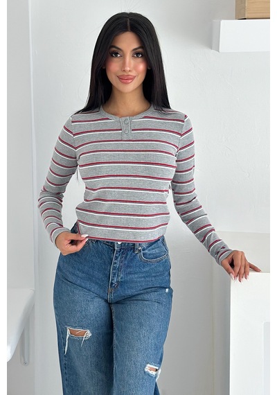 Noa & Noa Kadın Çizgili Düğme Detaylı Bluz Retro Stripe Kırmızı