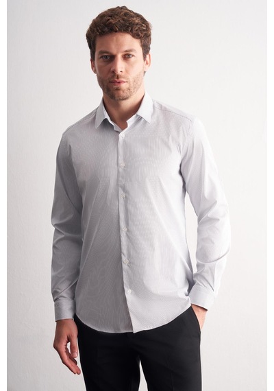 İmza Beyaz - Lacivert Sert Yaka Çizgili Desen Uzun Kol Slim Fit Esnek Gömlek 1004255177 Beyaz - Lacivert