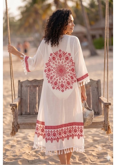 Rovebella Rosso Mandala Desenli Uzun Kimono Beyaz