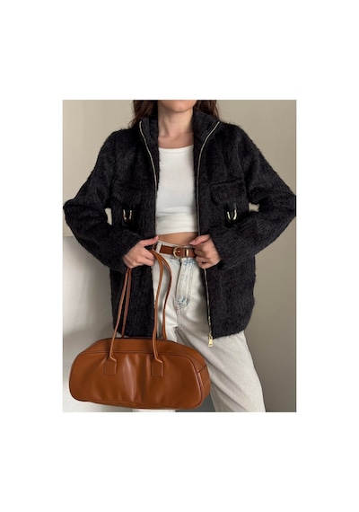 Asur Boutique Asur Butik Kadın Keçeli Kumaş Tokalı Fermuarlı Ceket Siyah