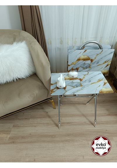 Evko Mobilya Çanta Zigon Sehpa, 4'lü Sehpa, Zigon Sehpa, Servis Sehpası, Camlı Sehpa, Katlanır Sehpa Sarı Mermer Beyaz - Sarı