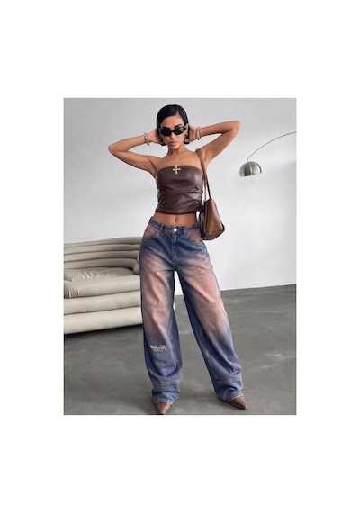Kene Jeans Bacak Parçalı/nakışlı Kahve Tint İşlemli Baggy Jeans Kahve Tint
