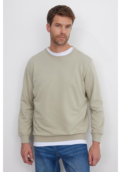 Tudors Unisex Relax Fit Rahat Kesim %100 Pamuk Basic Taş Bisiklet Yaka Sweatshirt-35144 Taş