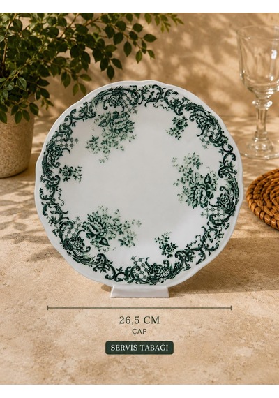6 Kişilik 24 Parça Vintage Yeşil Desenli Porselen Yemek Takımı Seti