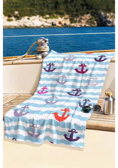 Çapa Marine Plaj Havlusu - Nautical Dalga Çizgili Mavi Beyaz Hızlı Kuruyan Mikrofiber Havlu Kumlu Ada