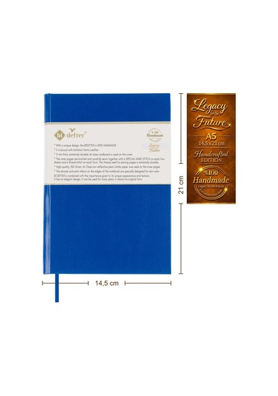 Piyano Nota Defteri Sol Fa Anahtarlı Kesik Çizgi % 100 El Yapımı, El Dikişi, Termo Deri A/5 - Mavi
