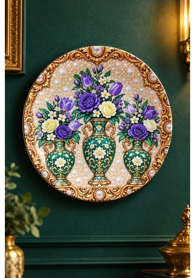 Dekoratif Duvar Tabağı - Üç Vazolu Çiçek Desenli 27 Cm - Dekorlu Seramik Tabak
