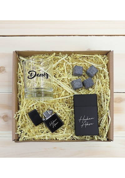 Bk Gift Kişiye Özel İsimli Viski Kadehi&viski Taşı&çakmak&sigara Kutusu Hediye Seti, Sevgiliye Hediye, Arkadaşa Hediye, Doğum Günü Hediyesi Kobitmeyen