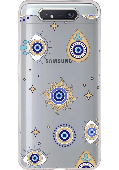 Samsung Galaxy A80 İle Uyumlu 1mm Slim Fit Nazar Boncuğu 5 Baskılı Şeffaf Kılıf Şeffaf