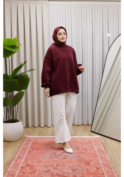Moonsc Oversize Sweat 3 İplik Şardonlu Bordo