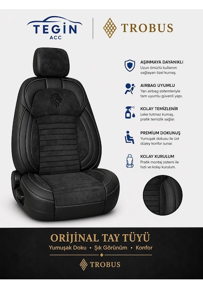 Volkswagen Caddy 2004-2020 Araca Uyumlu Premium Tay Tüyü Koltuk Kılıfı Liona Serisi Siyah