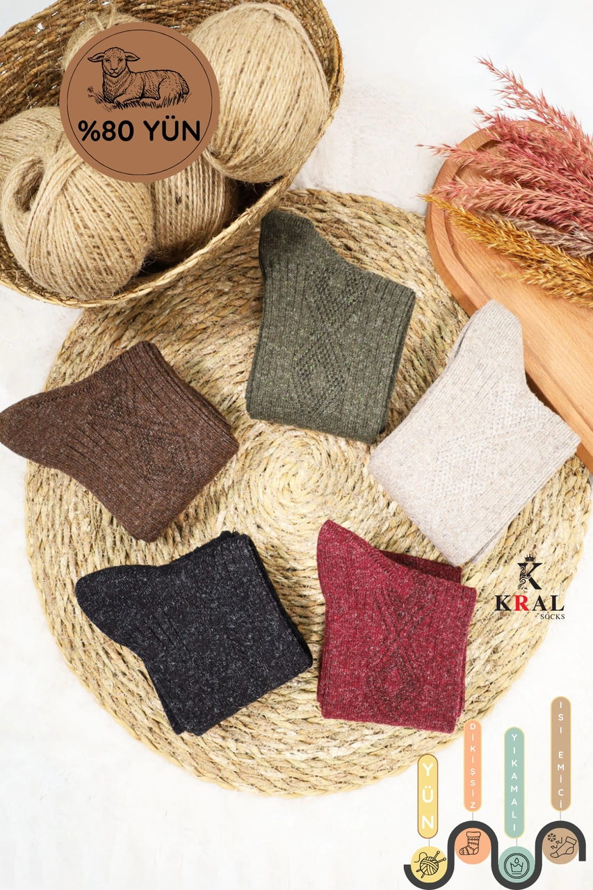 Miss Lana Ladies Socks Kışlık 5 Çift Lambswool Kadınlar Için Termal Kutulu Dikişsiz Yün Çorap ASORTİ