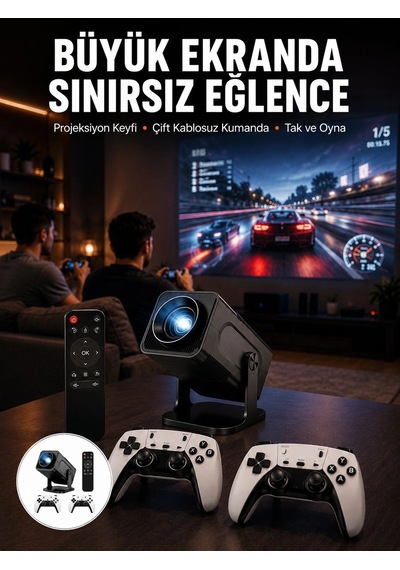 Çift Kollu Game Box Projeksiyon Cihazı Kumandalı Android Tv Dahili Hoparlör Yeni Nesil Najmaddin