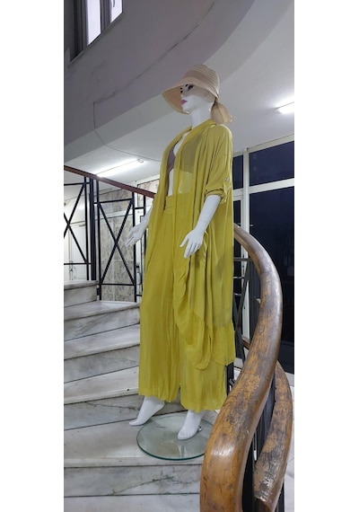 Itayan Ipek Detaylı Oversize Kaftan- Pantolon Takım Hardal