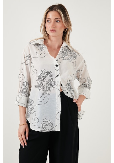 Lela Desenli Regular Fit Uzun Kollu Bayan Gömlek 6773200 Beyaz-Siyah